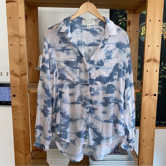 Anthropologie Cloth & Stone Blue Pink Watercolor Print Button Down Shirt Medium - Picture 3 of 15